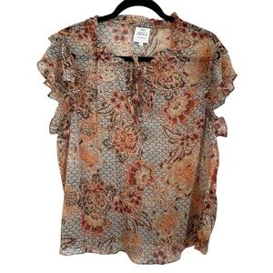 Misa Los Angeles Women’s Short Flutter Sleeve Tie V-Neck Blouse Sz L GUC